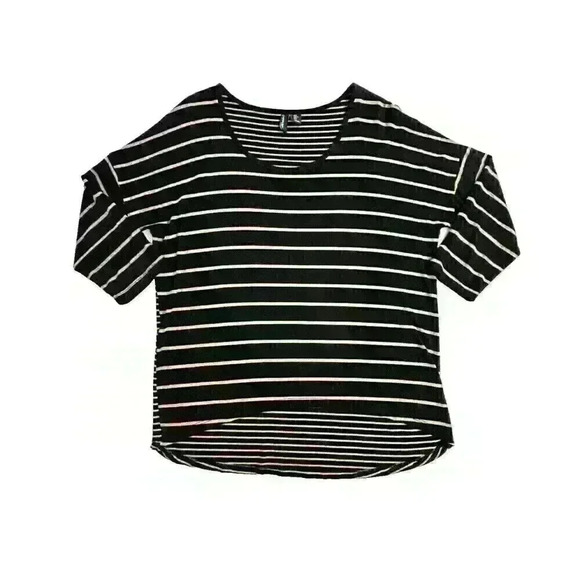 Cynthia Rowley Womens LG Tunic Rayon Top Black Tan Striped 3/4 Sleeve Hi Low Hem - Picture 2 of 10